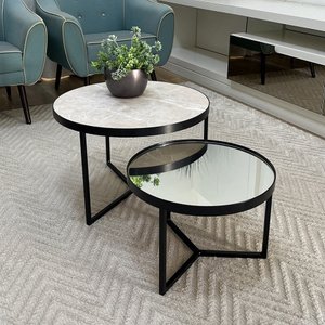 Conjunto Mesa de Centro Redonda Dallas Marmo Areia com Espelho - Preto