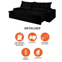 Sofá Retrátil e Reclinável 2,50cm com Pillow e Molas Ensacadas Montebello - Movenzo Estofados - 9