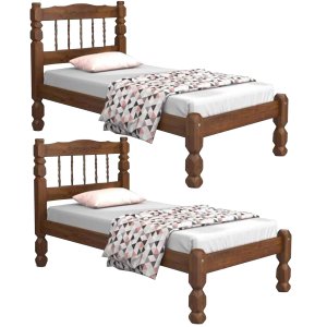 Kit com Duas Camas Solteiro Madeira Maciça Torneada - Castanho