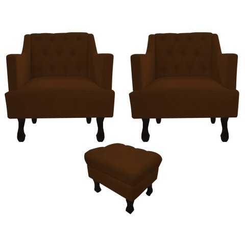 Kit 2 Poltronas Decorativa Julia + Puff Luis Xv Couro Marrom Pés Madeira Ms Decor