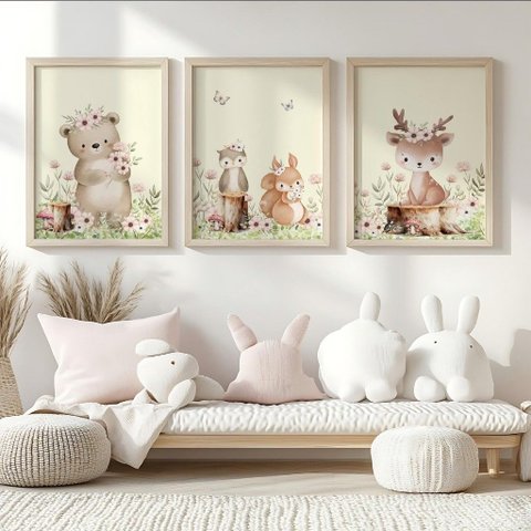 Kit 3 Quadros Decorativos Infantil - Bichinhos do Jardim NO2 - 40x60 - Moldura Madeira