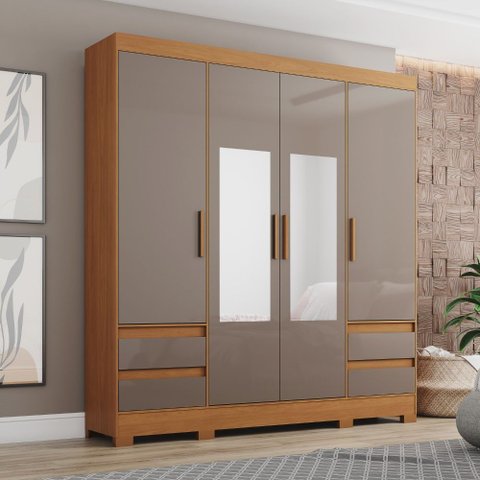 Guarda Roupa Roupeiro Casal Bernardi B383 Briz 4 Portas 4 Gavetas com Espelho Cinamomo Avelã Henn