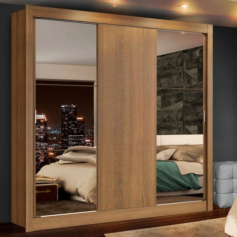 Guarda-Roupa Casal Madesa Lyon Plus 3 Portas de Correr com Espelhos 4 Gavetas Rustic Cor:Rustic