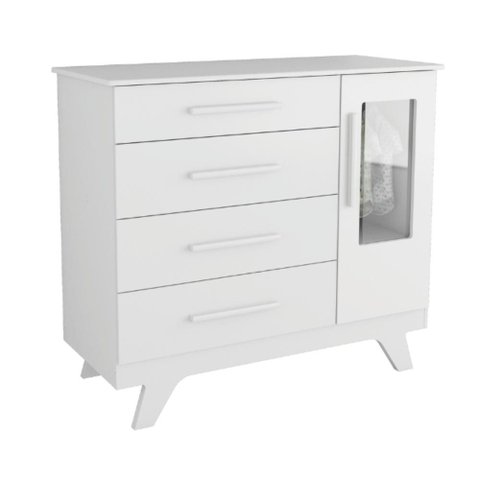 Cômoda Infantil Retrô Peroba em Mdf Branco 4 Gavetas 1 Porta