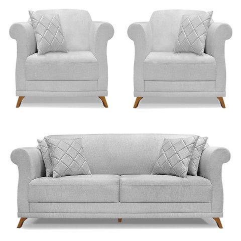 Kit 2 Poltronas e Sofá Living 2 Lugares 1,80m Vênus Linho Cinza Pés Castanho - Pallazio
