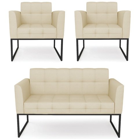 Sofá Namoradeira e 2 Poltronas Base Industrial Preto Ana Veludo Luxo Off White - Ibiza
