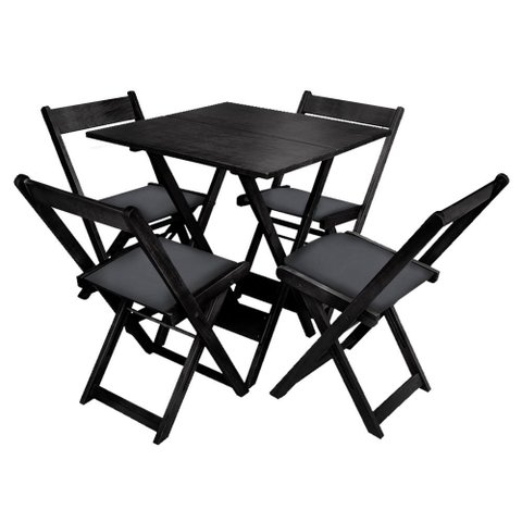 Kit Mesa de Madeira 60x60 Dobrável com 4 Cadeiras Estofadas para Bar Restaurante e Cozinha - Preto