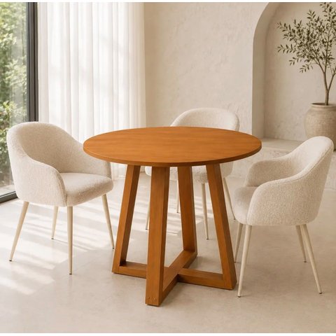 Mesa de Jantar Redonda Freijó c/ Base em Madeira Maciça 70cm