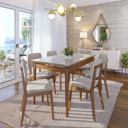 Mesa Sala Jantar Wind Retangular Madeira Maciça Nature/mel 1,40x0,90 Mt Tampo Vidro Laqueado Off Whi - 3