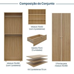 Guarda-Roupa 2 Módulos 2 Portas 3 Prateleiras 3 Gavetas Frame CabeCasa MadeiraMadeira - 4