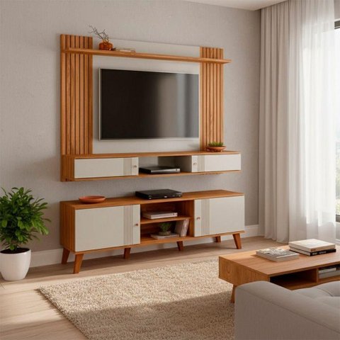 Conjunto Sala Painel Frisado para TV 70 pol Rack 180cm MDF Off White Peternella