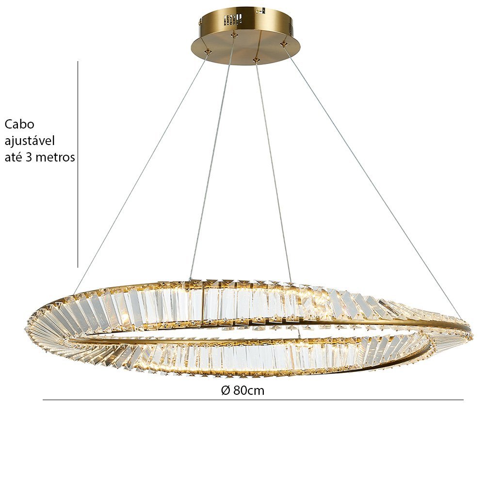 Lustre Pendente Dourado e Cristal Led 65w 3000k Vougue 80cm Bivolt Mais Luz - 6