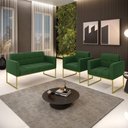 Ver imagem 6 de Kit 1 Sofá Namoradeira e 2 Poltronas Elisa Suede Verde Base Metálica Industrial Dourada D'Rossi