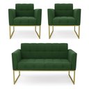 Ver imagem 1 de Kit 1 Sofá Namoradeira e 2 Poltronas Elisa Suede Verde Base Metálica Industrial Dourada D'Rossi