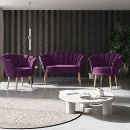 Kit 02 Poltronas Decorativas e Namoradeira Sofá Pétala Luxo Veludo Roxo Pés Palito - Visan Estofados - 1