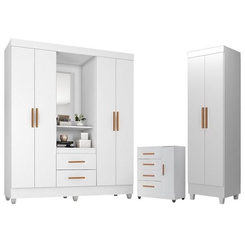 Guarda Roupa Casal Capela Com cômoda 4 Gavetas 1 Porta E armário Multiuso Lite Branco Brilho - Móvei