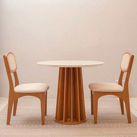 Mesa Redonda Jantar Base Ripada C/ 2 Cadeiras Estofadas Mdf Cor:off White com Freijó e Bege Rústico