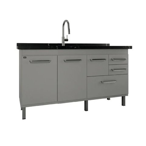 Gabinete de Cozinha 3 Portas 100% Mdf Balcão 144 Cm Armário:cinza Cobalto