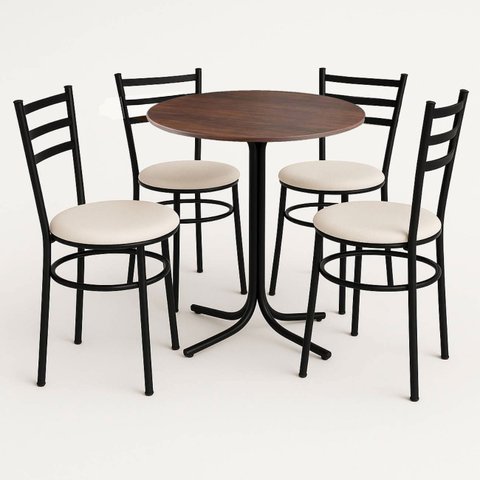 Mesa de Jantar Redonda 80cm Imbuia com 4 Cadeiras Estofada Preta