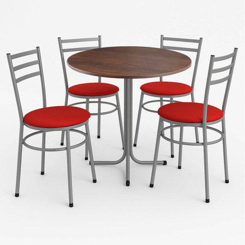 Mesa de Jantar Redonda 80cm Imbuia com 4 Cadeiras Estofada Cinza