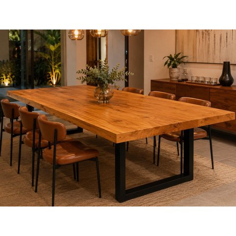 Mesa de Tronco Bordas Retas Prancha Única Cor Mel Pés Aço Carbono Comprimento 400cm X Largura 100cm