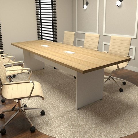 Mesa Reunião Escritório 8 Lugares 2,70m x 0,90m com 2 Caixas de Tomadas e Pés Painel Corporate F5 Bege/Macadâmia/Branco