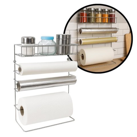 Suporte Porta Papel Toalha Rolos e Temperos Organizador 4 em 1 Parede Cozinha Aço Cromado- Mundial C