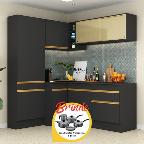 Armário Cozinha Completa Canto Veneza Mp2089 Multimóveis Preto + Brinde Jogo de Panelas Tramontina
