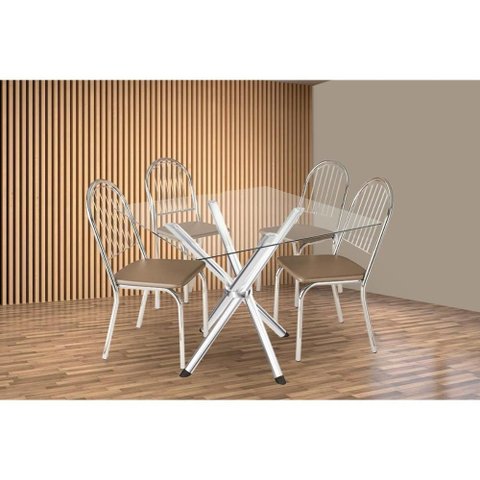 Conjunto: Mesa Sala Jantar Volga C/ Tampo de Vidro 90cm e 4 Cadeiras Noruega Cromada - Courano