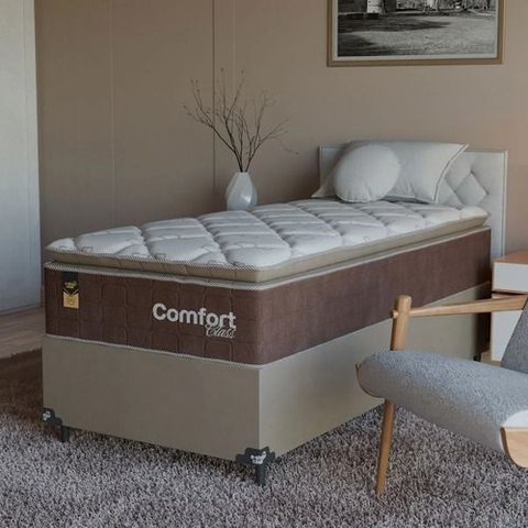 Cama Box Solteiro + Colchão Comfort Class Pillow Top 88x188 Marrom/suede Bege