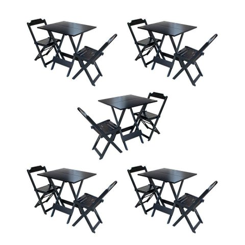Kit 5 Conjuntos De Mesa Dobravel Com 2 Cadeiras De Madeira 70X70 Para Restaurante E Bar - Preto