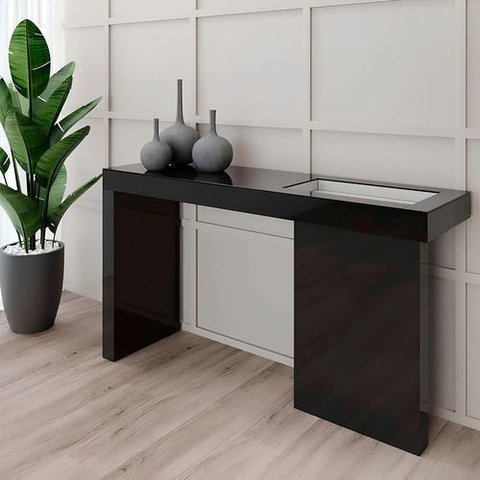 Aparador Sala Alto Padrão Vidro Preto e Bandeja Espelhada