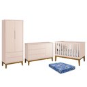 Ver imagem 1 de Dormitório Infantil Classic 2 Portas, Cômoda 1 Porta, Berço Rosa com Pés Amadeirado e Colchão - Rell