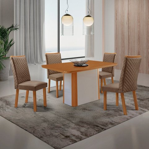 Mesa de Jantar Isadora 120cm Tampo MDF Vidro Canto Copo com 4 Cadeiras Aline