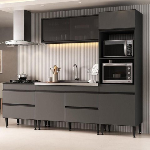 Armário Cozinha Modulada Completa com Pia Inclusa 251,5cm Milano Multimóveis MCR2469 Grafite