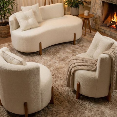 Conjunto 2 Poltronas + Sofá Curvo Orgânico Luna Boucle Off White - Montanaris Decor