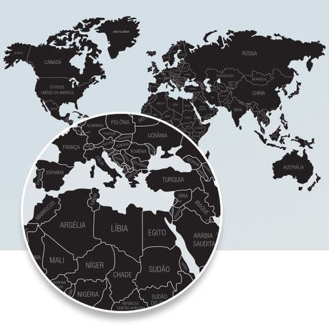 Mapa-Múndi Adesivo com molduras para fotos - Preto com nomes cinza - 170X95