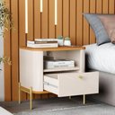 Ver imagem 3 de Mesa de Cabeceira Quarto Tucupí Slim 1 Gaveta e Pés de Metal Off White/nature/dourado