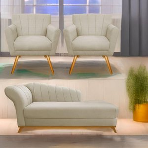 Kit Diva Recamier Vanessa 140cm Lado Direito e 02 Poltronas Laura Linho Cor Bege