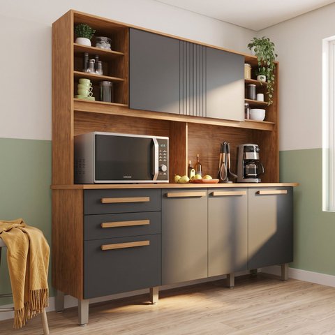 Cozinha Compacta 6 Portas 2 Gavetas com Bancada e Pés Reguláveis 162x193x39cm Cinamomo/Grafite