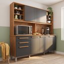Ver imagem 1 de Cozinha Compacta 6 Portas 2 Gavetas com Bancada e Pés Reguláveis 162x193x39cm Cinamomo/Grafite