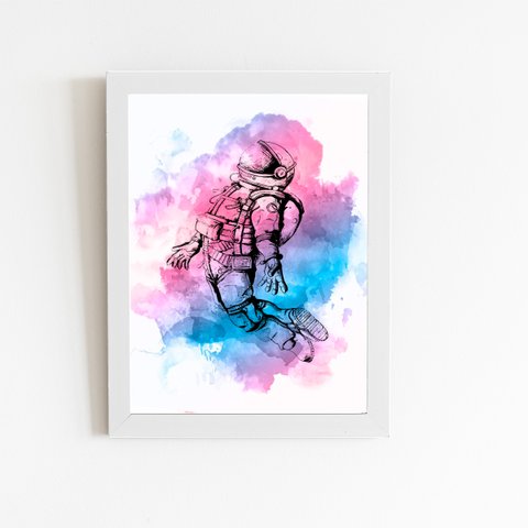 Astronauta Azul e Rosa Arte Quadro Moldura Branca 60x40cm