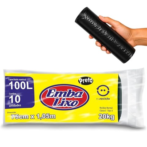 Saco para Lixo Preto Reciclado Resistente Reforçado 100 Litros 75cm x 105cm Pacote com 10 Unidades |