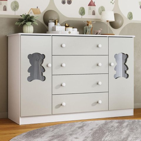 Cômoda Infantil 125cm 2 Portas com Vidro e 4 Gavetas Teddy Multimóveis Mp4490 Branco/off White