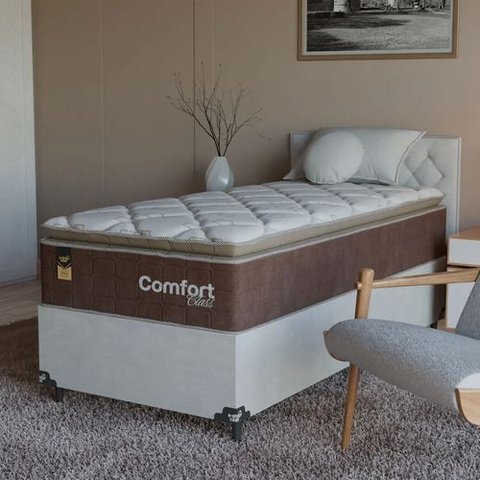 Cama Box Solteiro + Colchão Comfort Class Pillow Top 88x188 Marrom/suede Branco