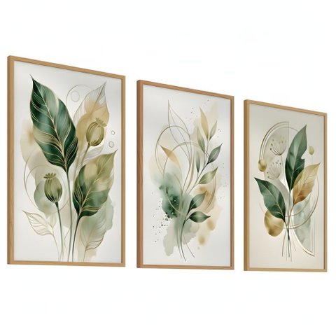 Kit 3 Quadros Folhagem Verde Dourado Aquarela 60x80 Moldura:castanho