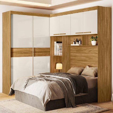 Guarda Roupas Modulado com Cabeceira de Casal Florença 6 Portas 5 gavetas Freijó/Off White Moval