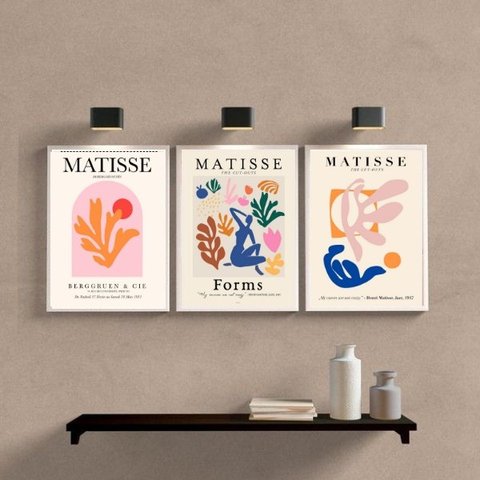 Kit 3 Quadros Abstratos Formas De matisse 24x18cm - com Vidro:madeira Branca