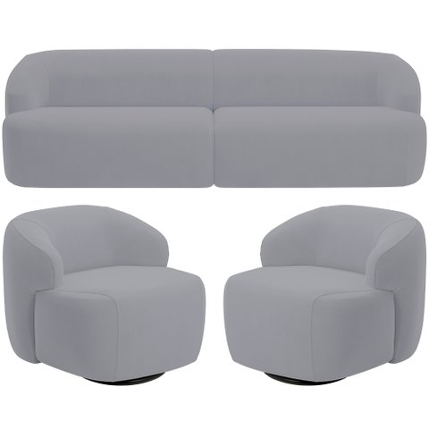 Sofá 3 Lugares Curvo Orgânico com 02 Poltronas para Sala Living 250cm Barolo L06 Veludo Cinza - Lyam