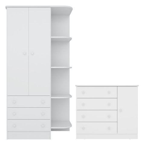 Quarto de Bebê Doce Sonho com Roupeiro 825 e Cômoda Sapateira 2561 Qmovi Branco